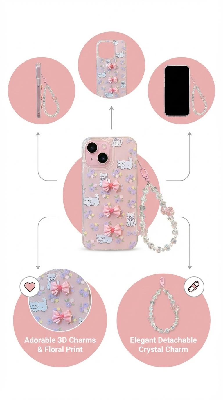 Clear Floral Phone Case with 3D Bow Charms and Detachable Crystal Wrist Strap, Elegant Protective Cover with Cute Kitten Print
