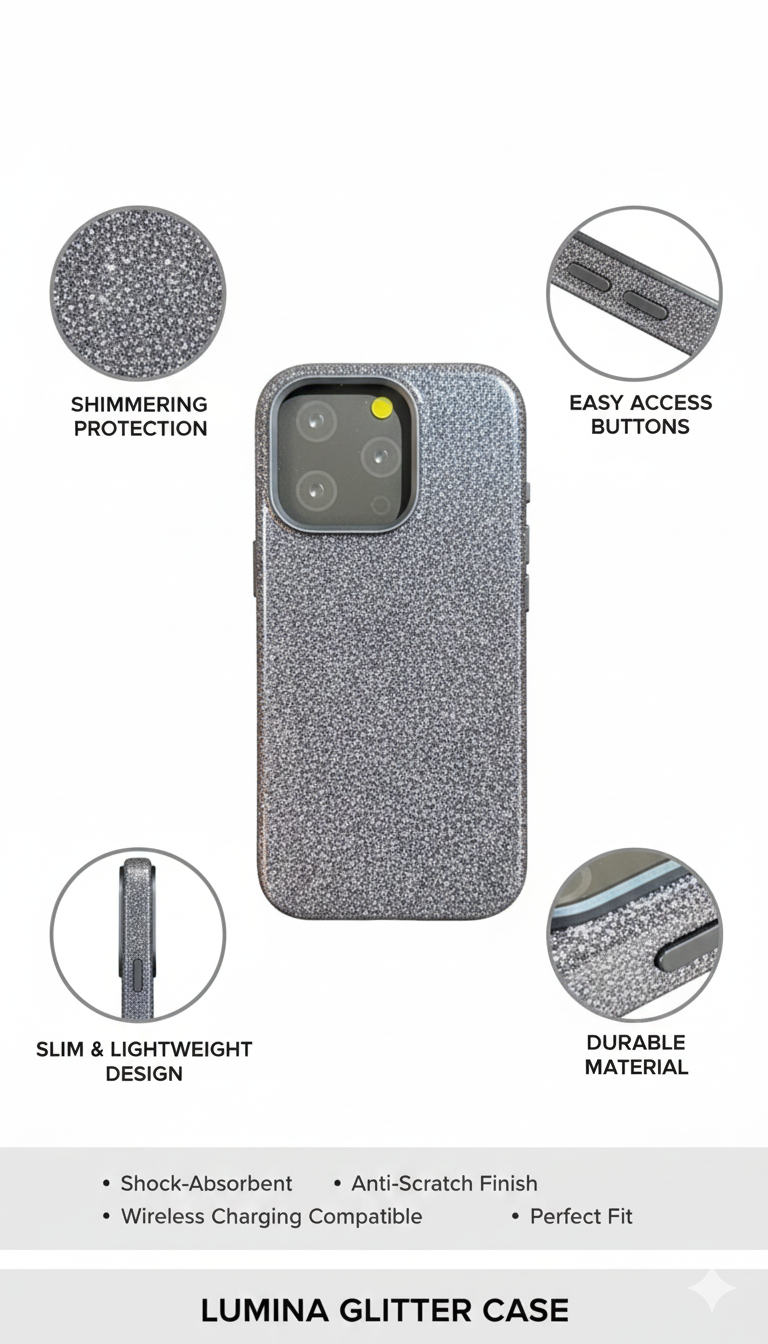 Premium Silver Glitter Slim Protective Phone Case with Camera Protection and Wireless Charging Support