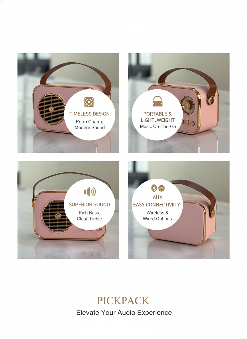 PickPack Portable Vintage Bluetooth Speaker – Retro Style & Premium Sound