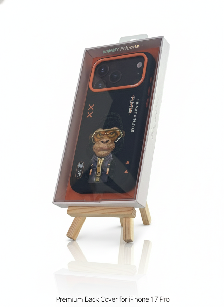 iPhone 17 Pro Rugged Back Cover with Cartoon Gorilla & Orange Bumper