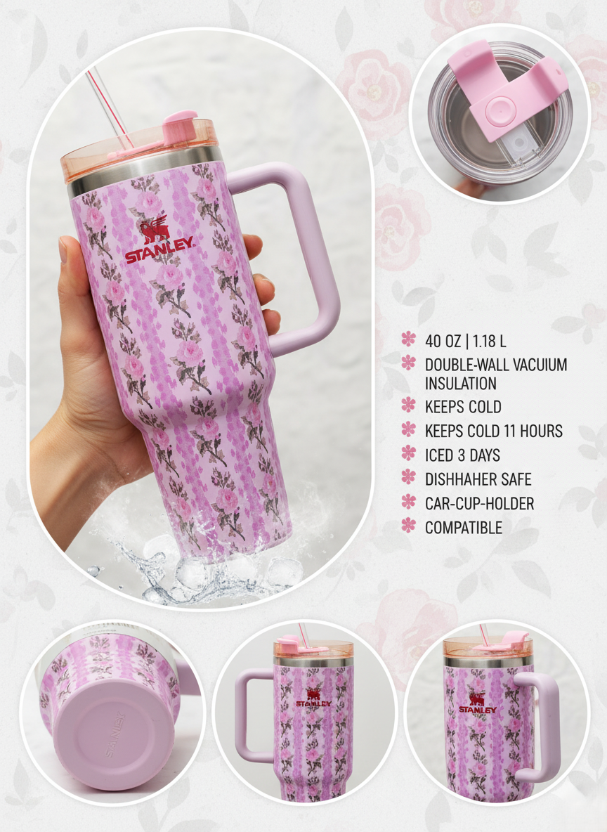 Stanley Inspired Floral Garden Adventure Tumbler | Leak-Proof, Vacuum Insulated