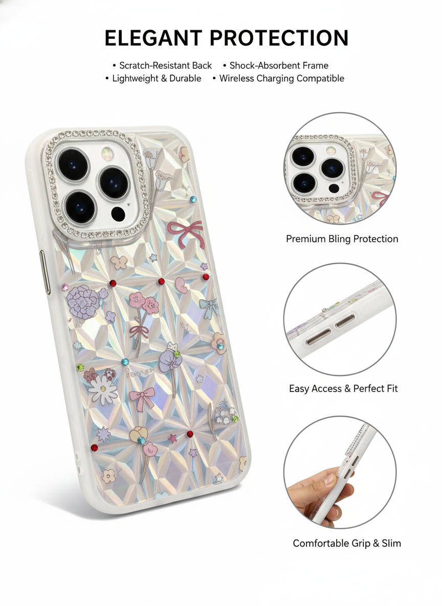 Elegant Iridescent Floral Armor Case – Premium Protection for iPhone 16 Series