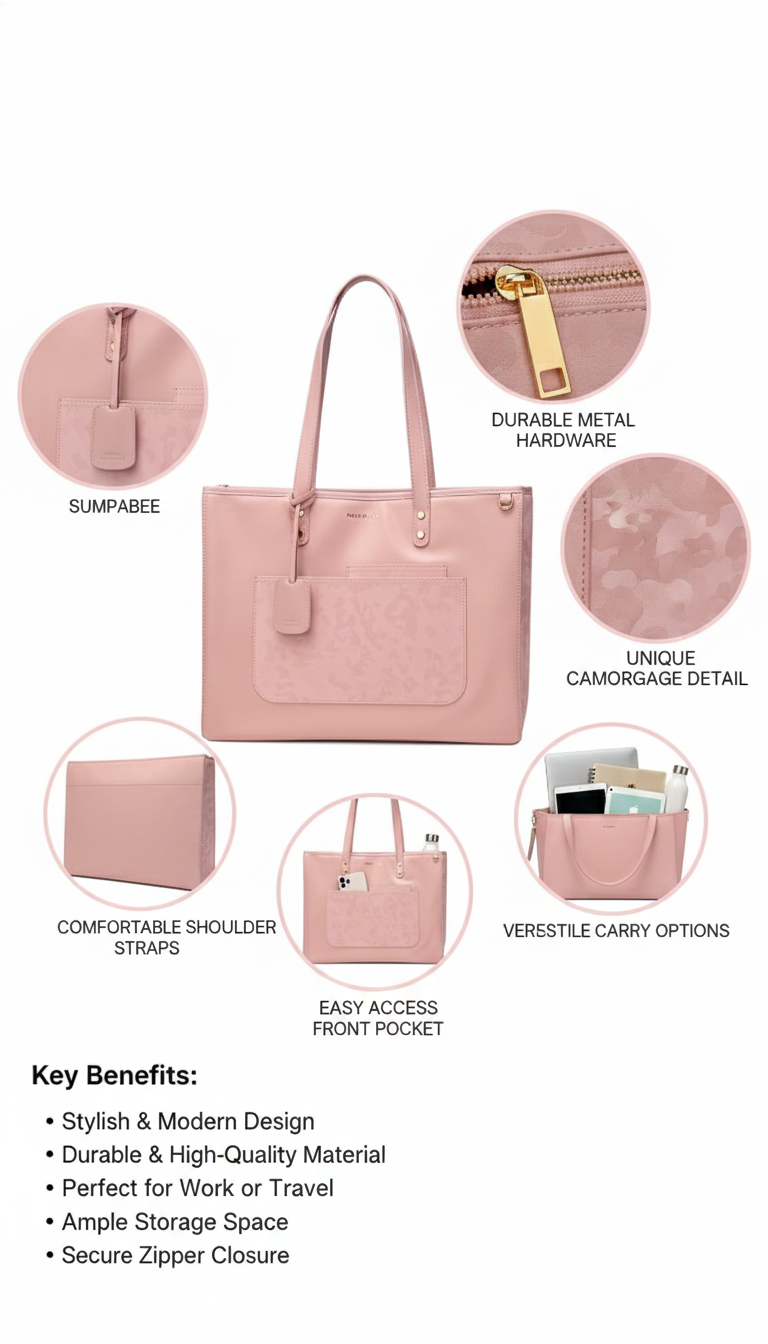 Premium Pink Laptop Tote Bag for Women | Fits 15" Laptop | Water-Resistant, Multi-Pocket Handbag for Office, Travel & Daily Use