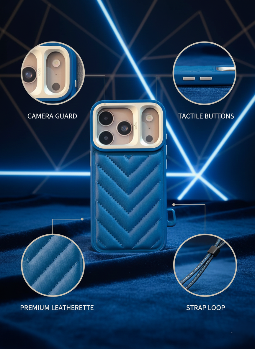 Premium Blue Leatherette Protective 17 pro Case with Camera Guard & Strap Loop – Compatible with iPhone