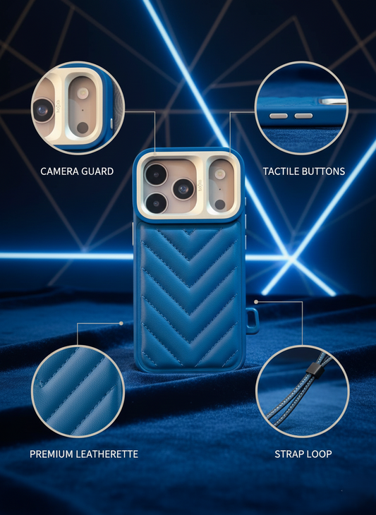Premium Blue Leatherette Protective 17 pro Case with Camera Guard & Strap Loop – Compatible with iPhone