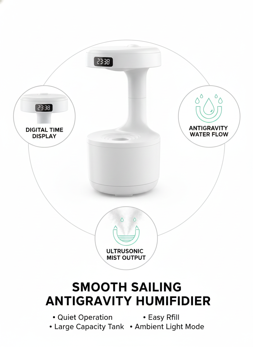 Smooth Sailing Antigravity Humidifier with Digital Clock & Ultra-Quiet Mist