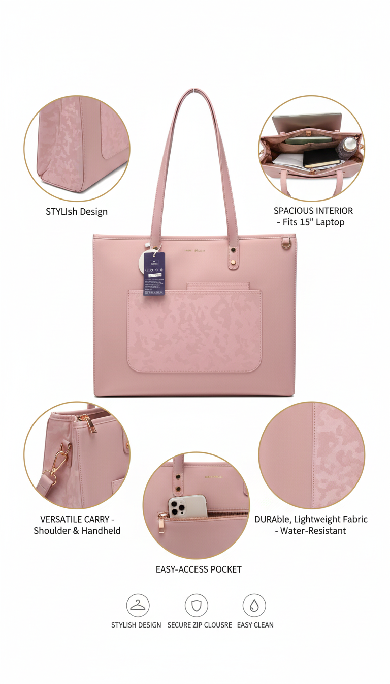 Premium Pink Laptop Tote Bag for Women | Fits 15" Laptop | Water-Resistant, Multi-Pocket Handbag for Office, Travel & Daily Use