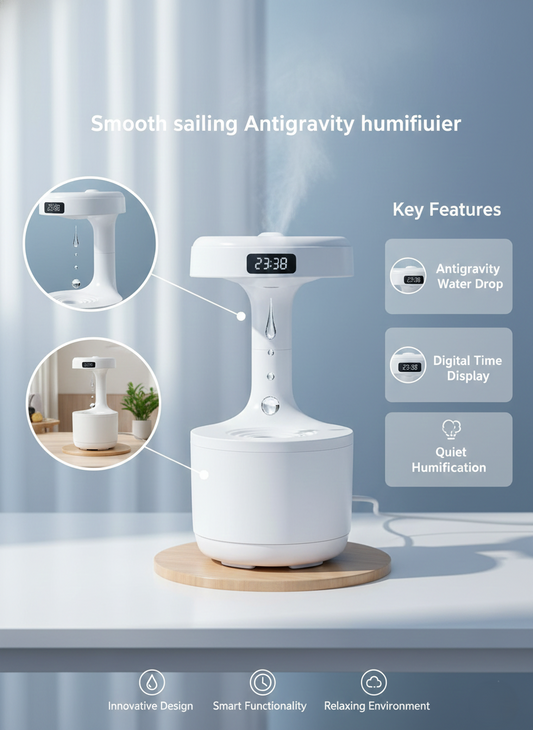 Smooth Sailing Antigravity Humidifier with Digital Clock & Ultra-Quiet Mist