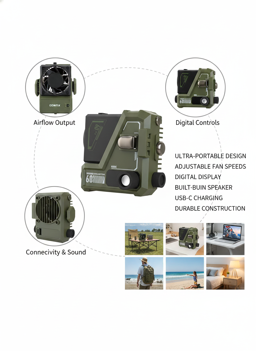 Portable Tactical Mini Fan with Powerful Airflow, Long-Lasting Rechargeable Battery, Fast USB-C Charging, Rugged Military Design, Compact Outdoor Cooling Device for Camping, Travel, Desk Use and Everyday Heat Relief