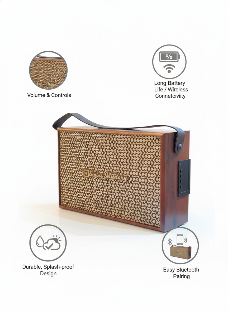 Swiss Military Premium Retro Wooden Bluetooth Speaker with Powerful Bass & Portable Leather Strap