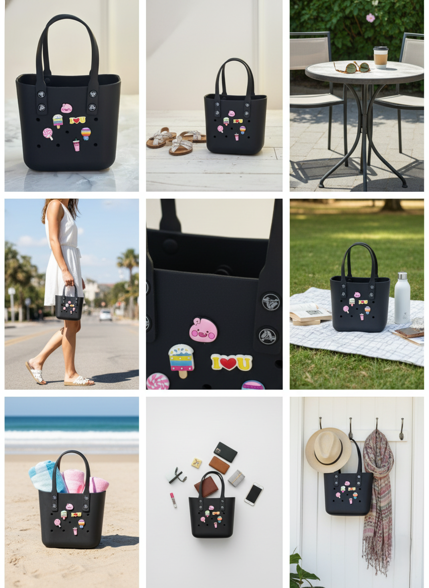 Black Rubber Tote Bag with Customizable Charms | Waterproof, Washable & Lightweight Handbag with Removable Handles
