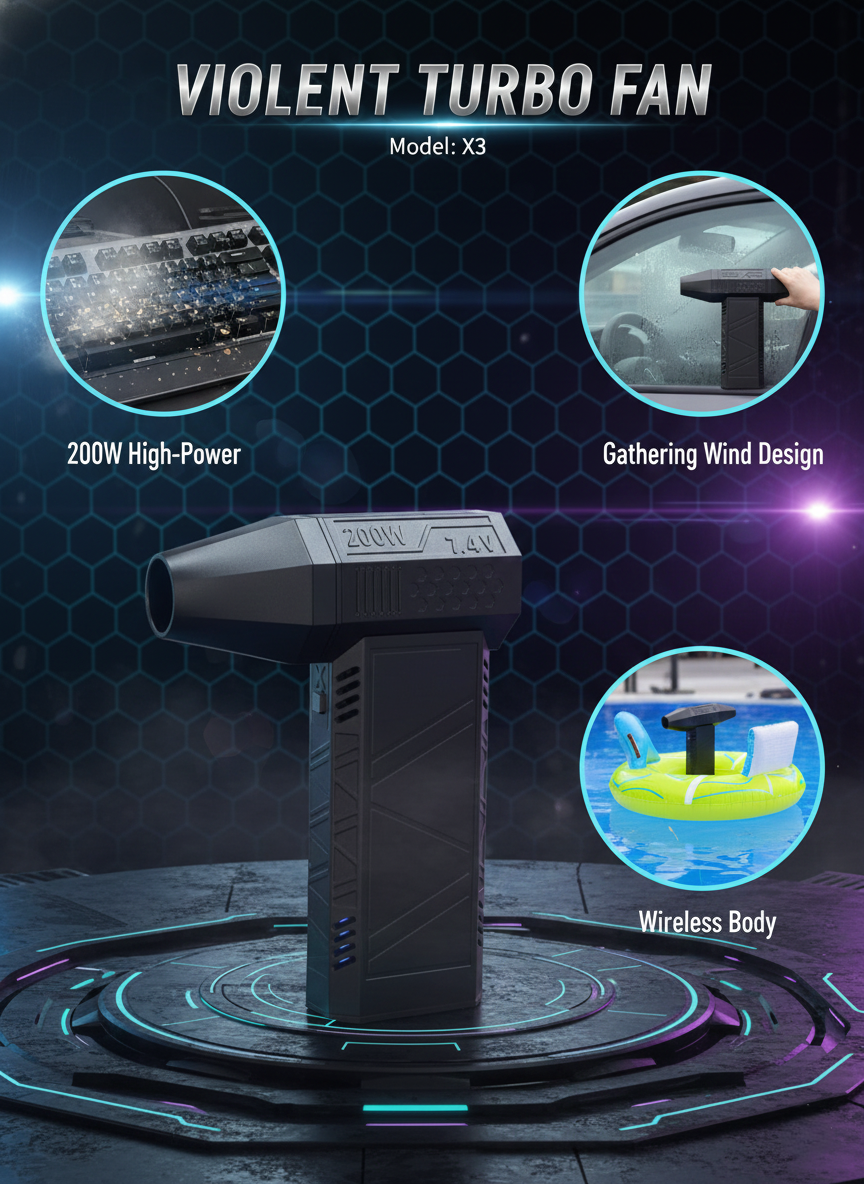 Violent Turbo Fan X3 – 200W High-Power Cordless Air Blower for Dust Cleaning, Quick Drying, Super-Strong Airflow, Portable Rechargeable Turbo Fan with 3 Speeds & Violent Mode