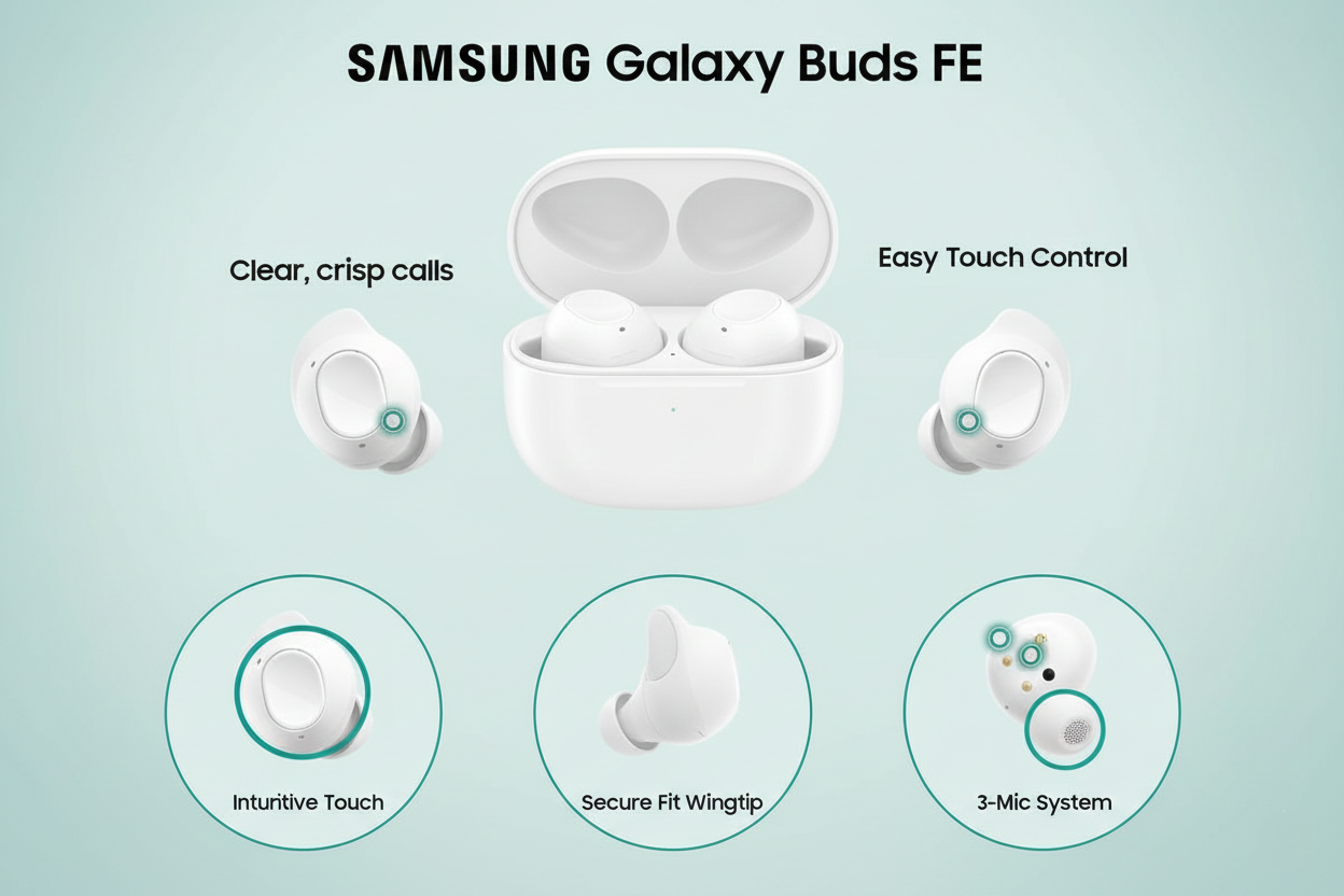 Samsung Galaxy Buds FE White – Active Noise Cancellation | Long Battery | Premium Sound