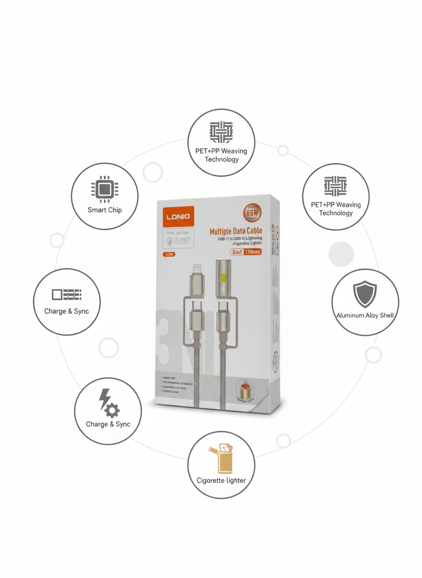 LDNIO Fast Charging Braided Cable 3-in-1 | 65W Power | Built-in Lighter | Durable PET+PP