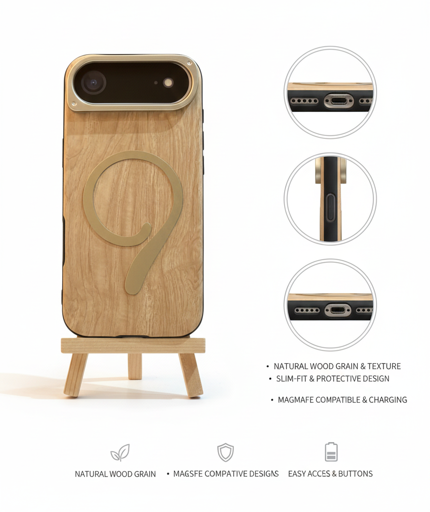 iPhone 17 Air Case with Natural Wood Back, MagSafe Grip/Stand, and Metal Protection Ring