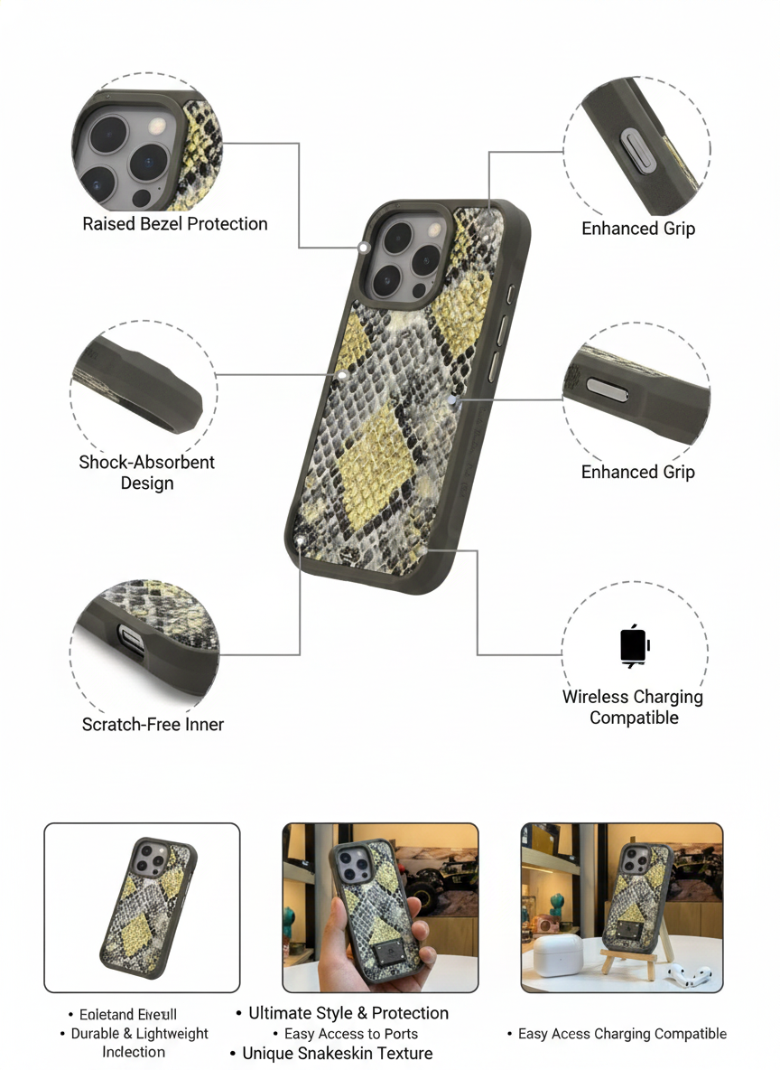 Luxury Snake Skin Back Cover for iPhone 16 Pro | Protective & Stylish