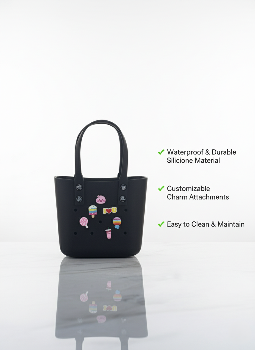 Black Rubber Tote Bag with Customizable Charms | Waterproof, Washable & Lightweight Handbag with Removable Handles