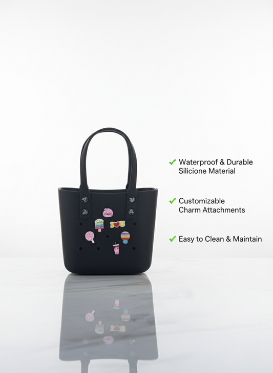 Black Rubber Tote Bag with Customizable Charms | Waterproof, Washable & Lightweight Handbag with Removable Handles