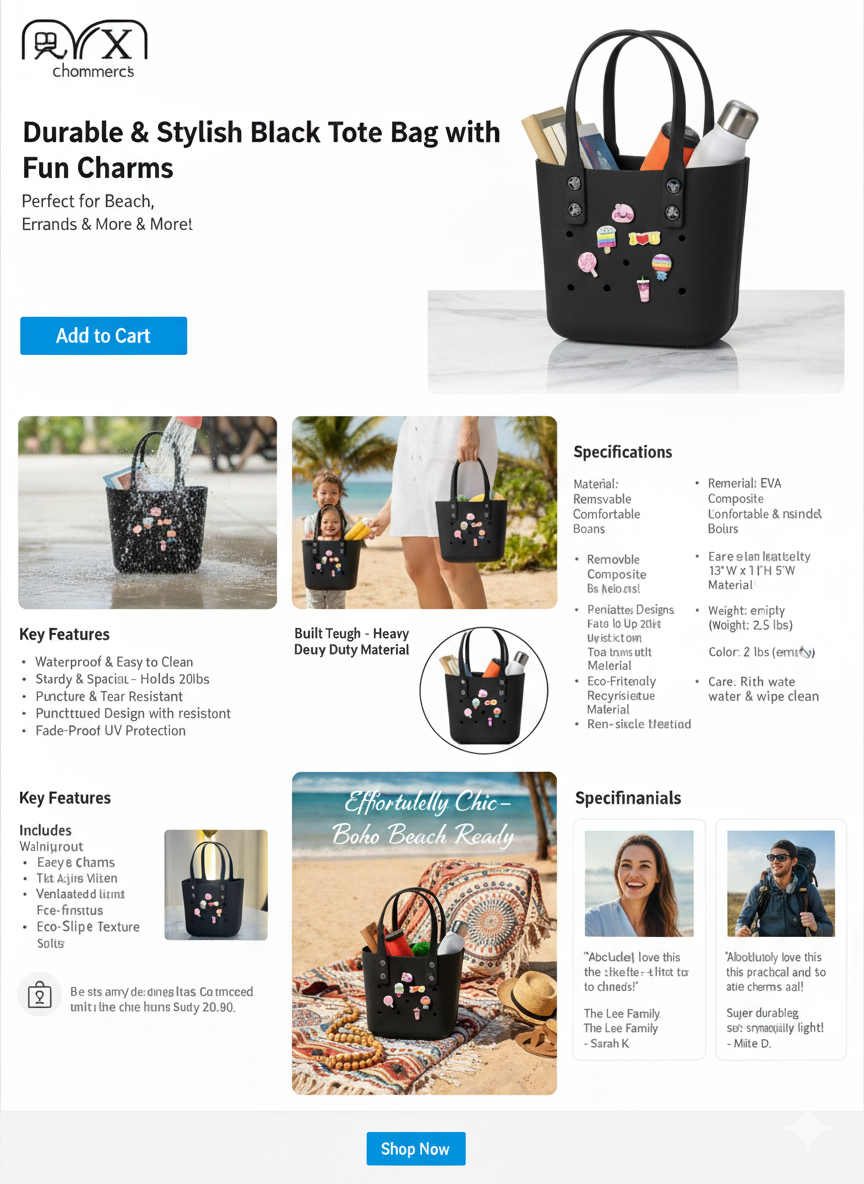 Black Rubber Tote Bag with Customizable Charms | Waterproof, Washable & Lightweight Handbag with Removable Handles