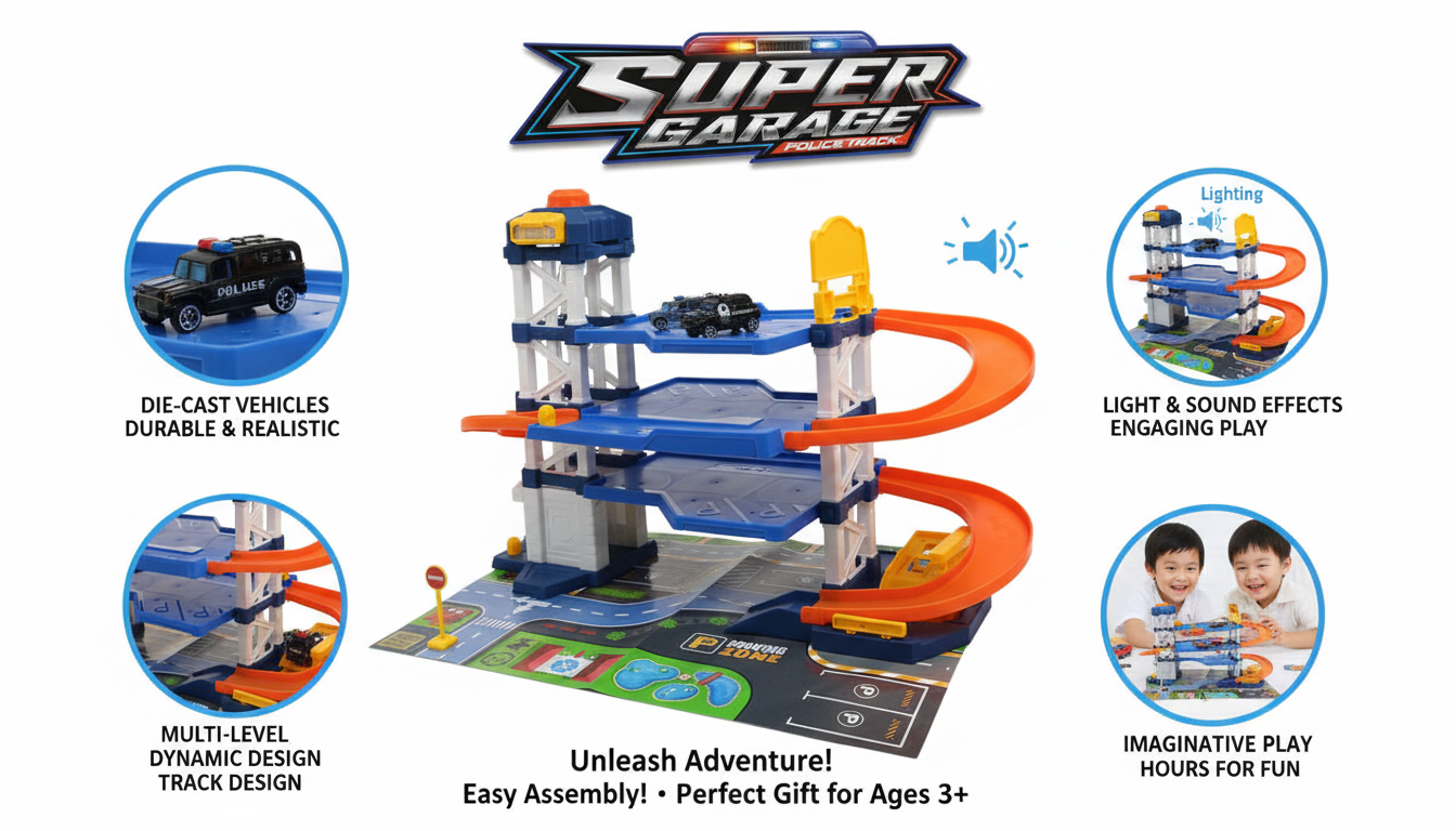 Super Garage Police Track Playset with Multi-Level Ramps, Die-Cast Vehicles, City Playmat, Light & Sound Effects, Easy Assembly, Imaginative Play, Educational Toy Gift for Kids Ages 3 and Above
