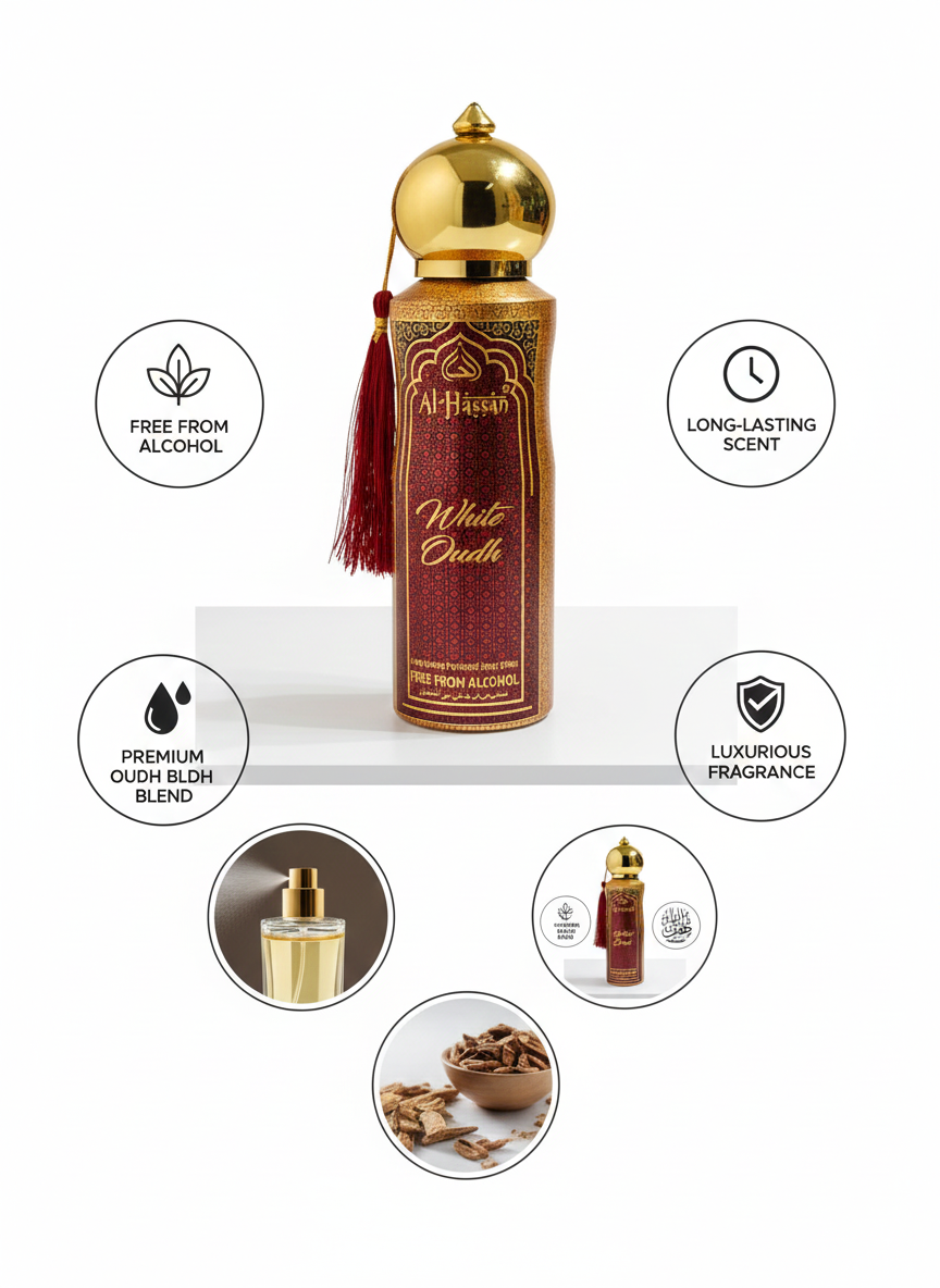Luxurious White Oudh Perfume | Al-Hassan Alcohol-Free Attar | Premium Oudh Blend
