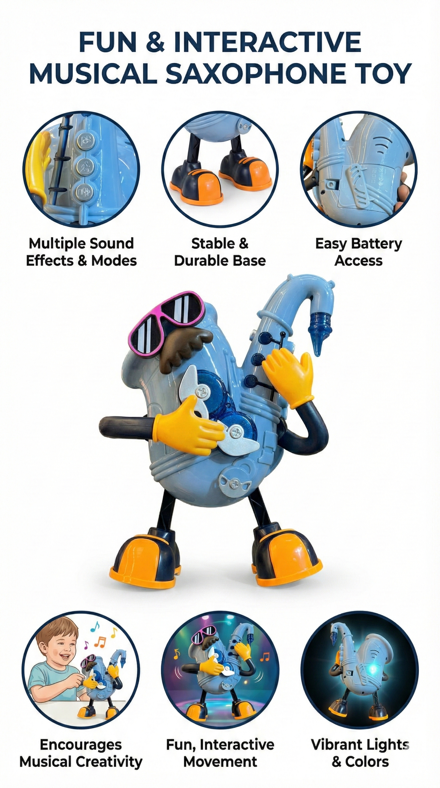 Dancing Saxophone Toy with Music, Lights, Funky Dance Moves, Interactive Fun, Bright LED Effects, Kids Entertainment Gift, Musical Cartoon Character Toy for Boys & Girls