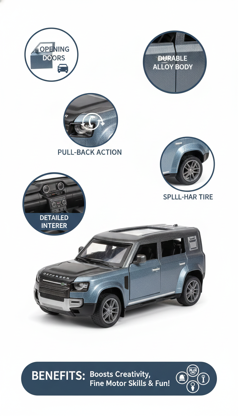 Land Rover Defender 4x4 Die-Cast Model | Realistic SUV Toy with Pull-Back Action & Openable Doors