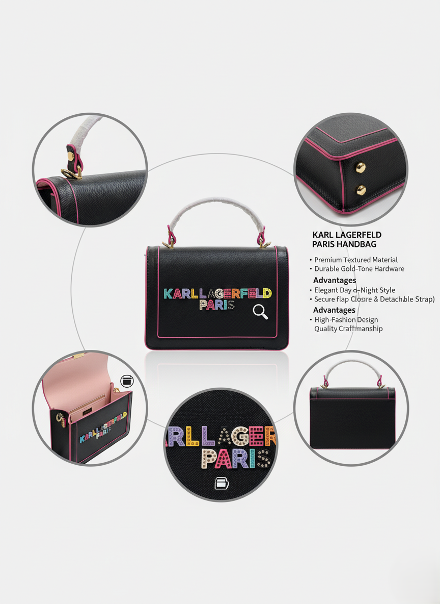 Structured Black KARL LAGERFELD PARIS Top Handle Bag | Vegan Leather | Elegant Gold Hardware