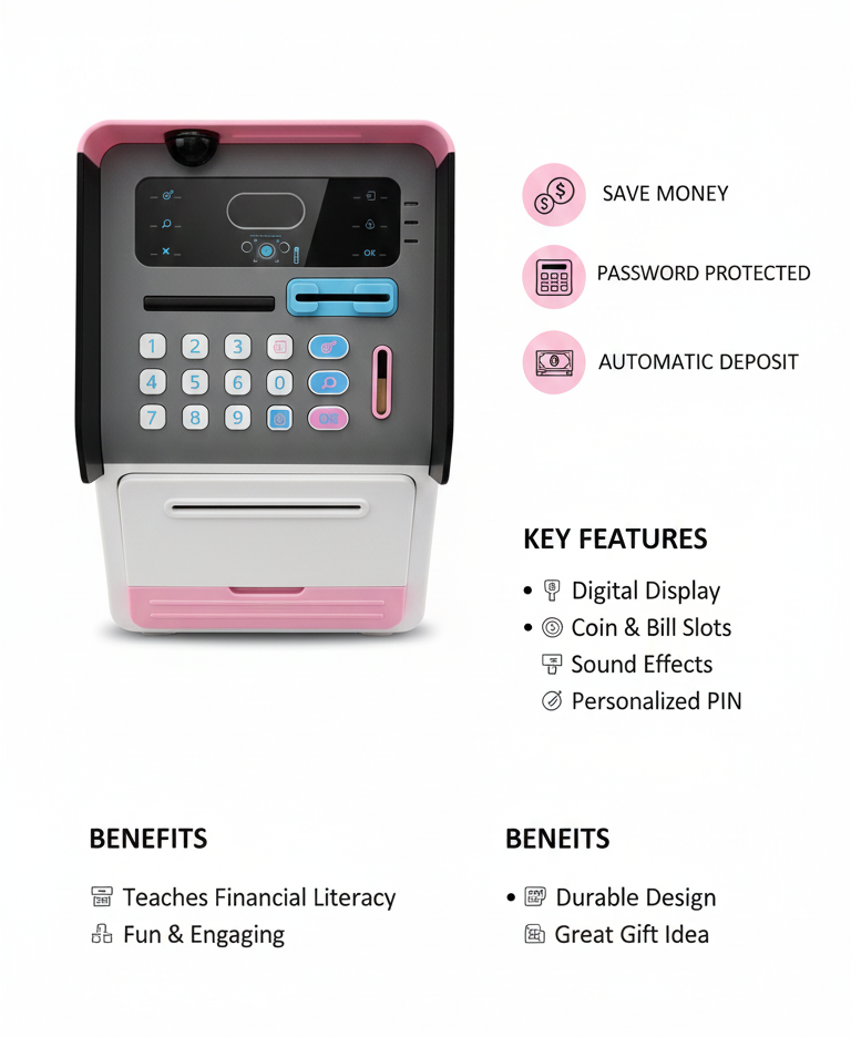 Smart Kids ATM Bank Toy with Password, Coin Slot & Cash Feed