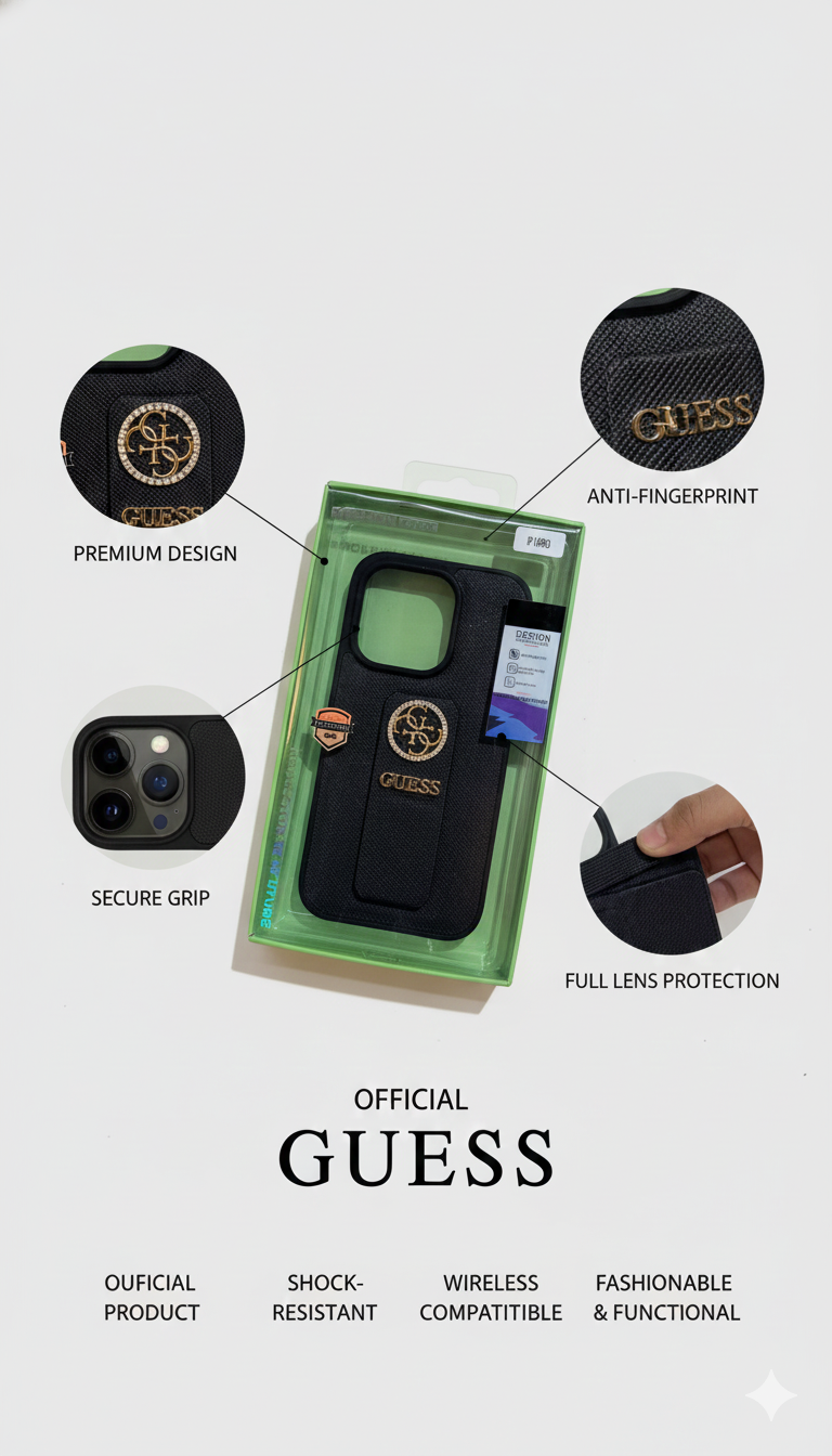 Guess Luxury Textured Black Phone Case with Integrated Finger Loop Grip and Premium Protective Design