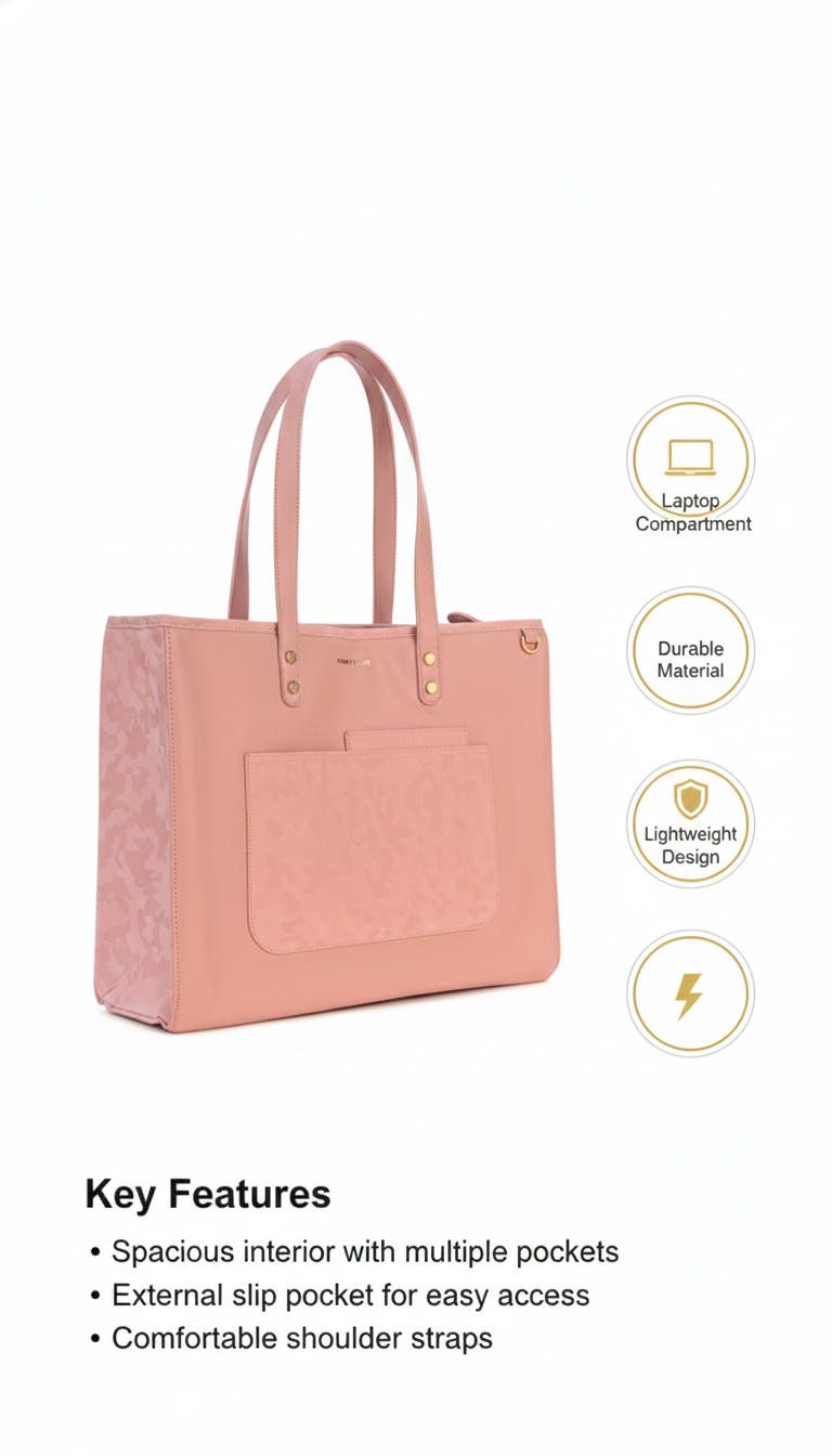 Premium Pink Laptop Tote Bag for Women | Fits 15" Laptop | Water-Resistant, Multi-Pocket Handbag for Office, Travel & Daily Use