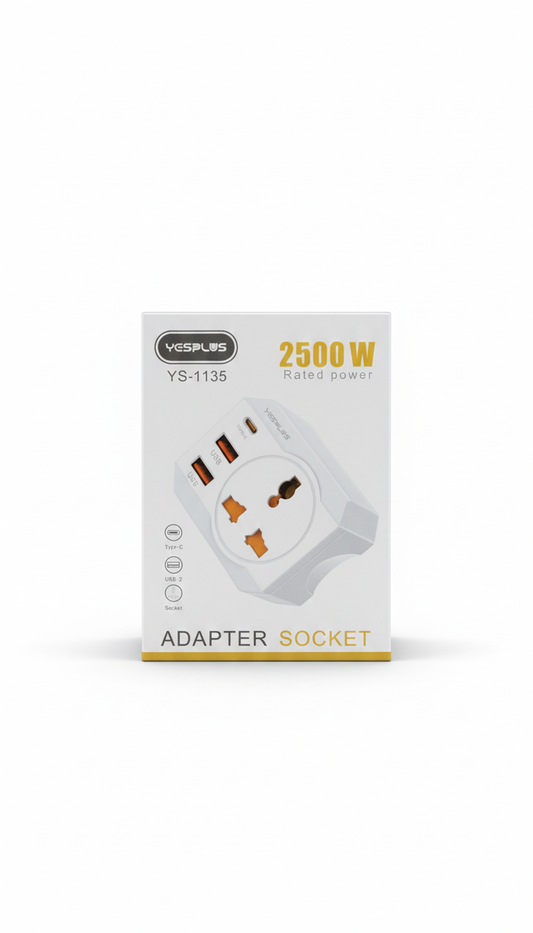 YESPLUS YS-1135 Universal Travel Power Adapter 2500W with PD Type-C Fast Charging, Dual USB Ports, Safety Shutter, Compact International Plug Converter for Global Travel