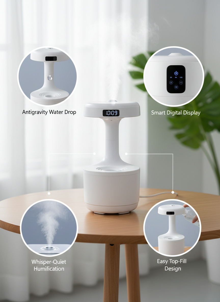 Smooth Sailing Antigravity Humidifier with Digital Clock & Ultra-Quiet Mist