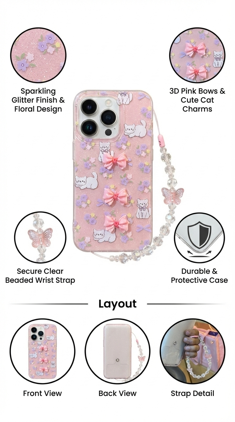 Clear Floral Phone Case with 3D Bow Charms and Detachable Crystal Wrist Strap, Elegant Protective Cover with Cute Kitten Print