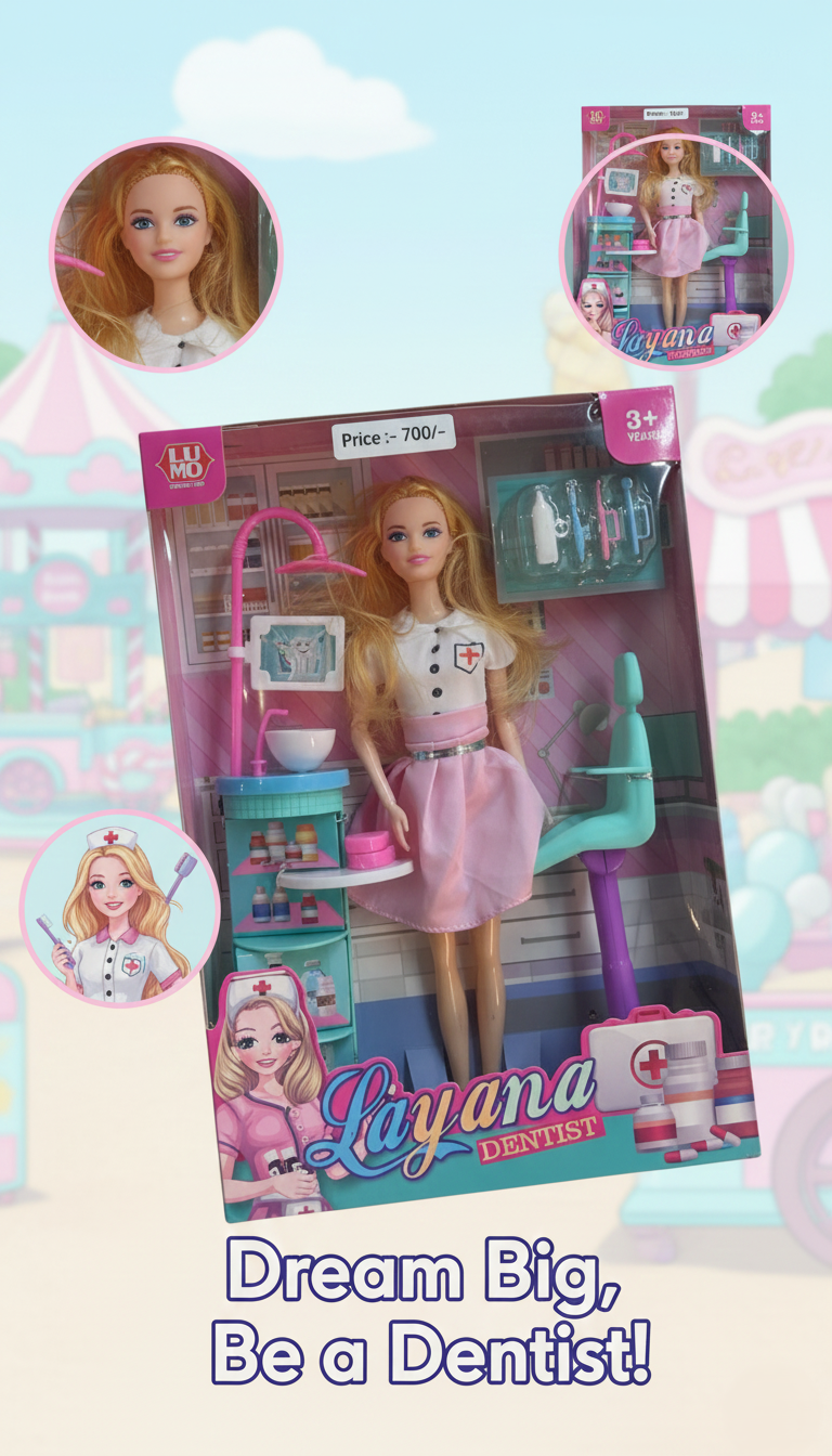 Layana Dentist Playset for Kids with Stylish Doll, Dental Chair, Tools, Accessories, Educational Pretend Play Kit for Early Learning and Imaginative Roleplay Fun