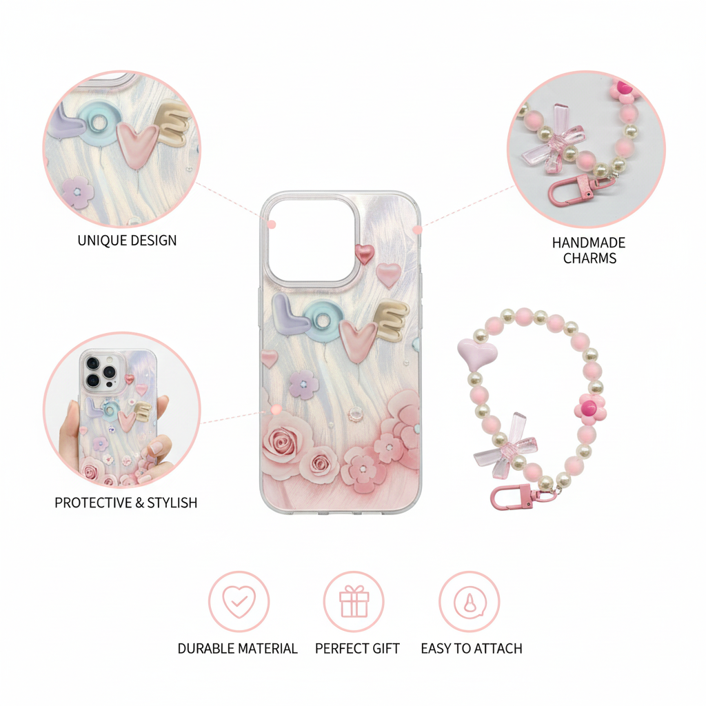 Elegant Transparent Phone Case with Handmade Charm Strap, Decorative Pastel Design, Durable Protective Clear Cover for Stylish Everyday Use