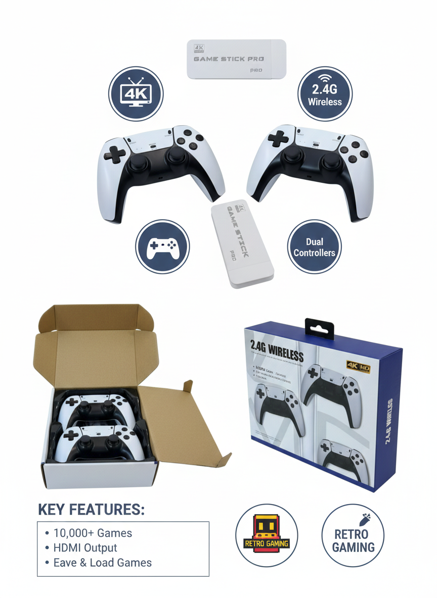 Retro 4K Wireless Game Console – Dual 2.4G Controllers | 10,000+ Games