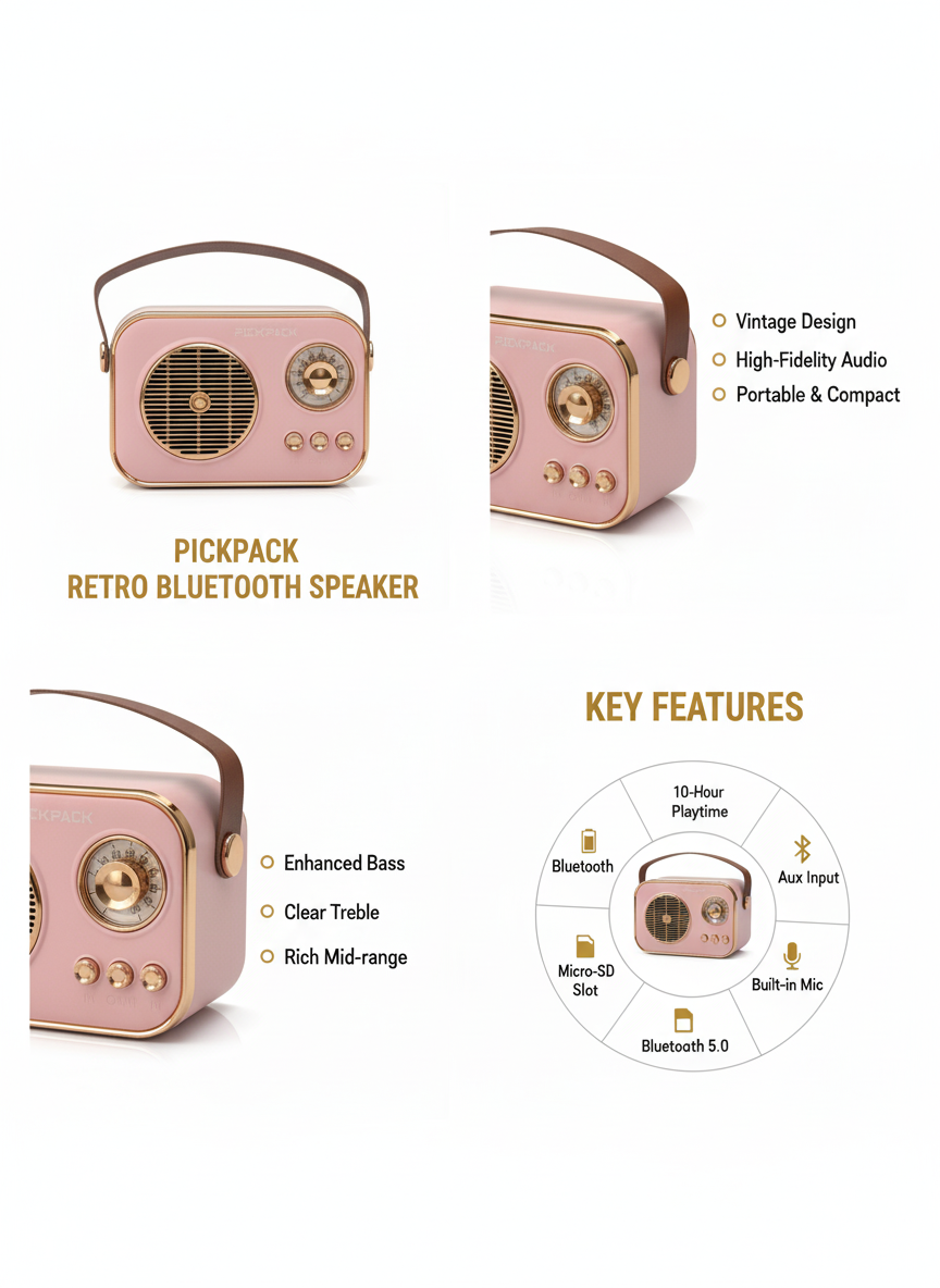 PickPack Portable Vintage Bluetooth Speaker – Retro Style & Premium Sound