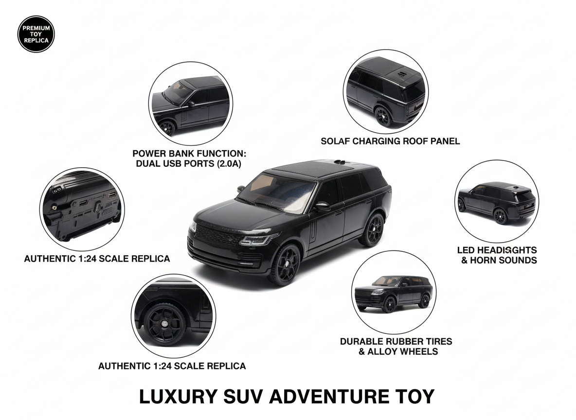 Deluxe Black SUV Toy Model – Authentic 1:24 Scale with Dual USB Ports & LED Features