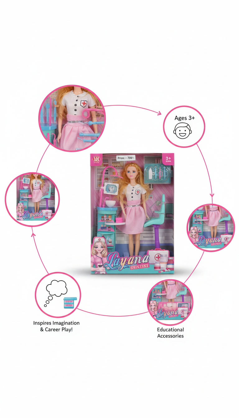 Layana Dentist Playset for Kids with Stylish Doll, Dental Chair, Tools, Accessories, Educational Pretend Play Kit for Early Learning and Imaginative Roleplay Fun