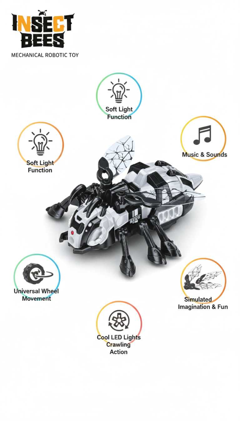 Insect Bees Robotic Crawling Toy – LED Lights, Music & Flapping Wings