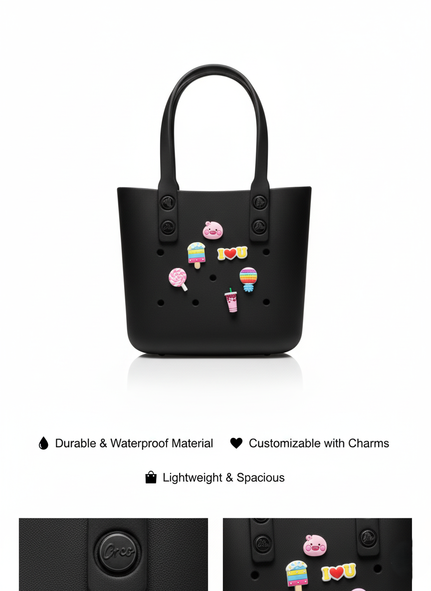 Black Rubber Tote Bag with Customizable Charms | Waterproof, Washable & Lightweight Handbag with Removable Handles