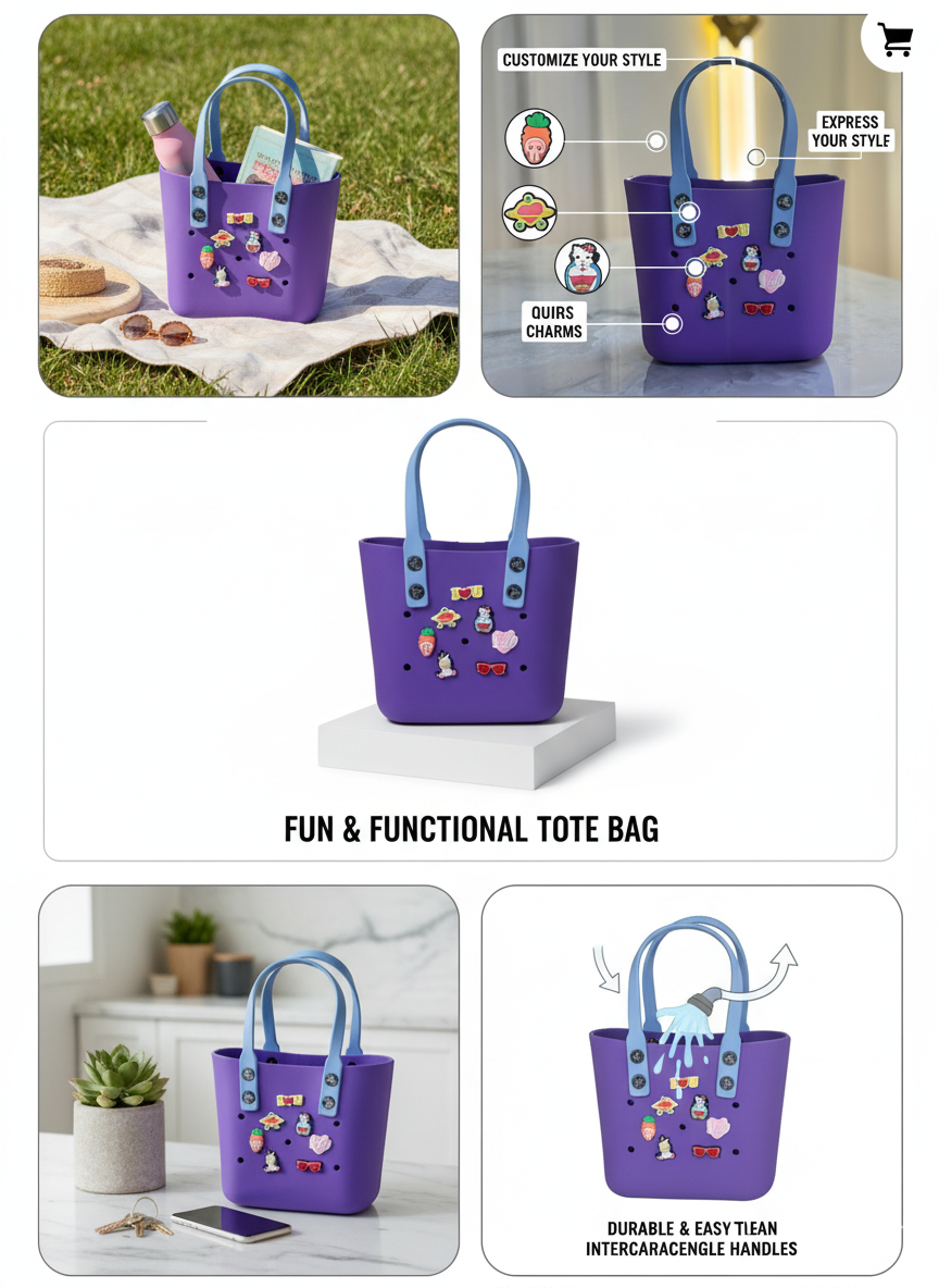 Luxe Customizable EVA Tote in Purple with Sky-Blue Handles