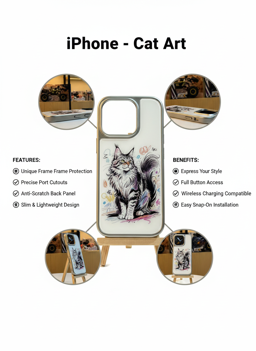 iPhone 16 Pro Cat Art Phone Case | Full Edge Protection & Drop Resistant | Anti-Scratch Back Panel