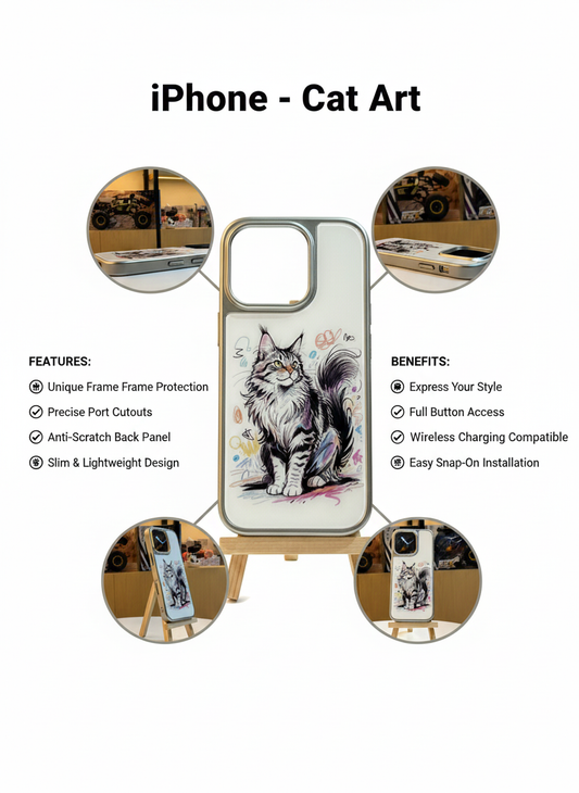 iPhone 16 Pro Cat Art Phone Case | Full Edge Protection & Drop Resistant | Anti-Scratch Back Panel