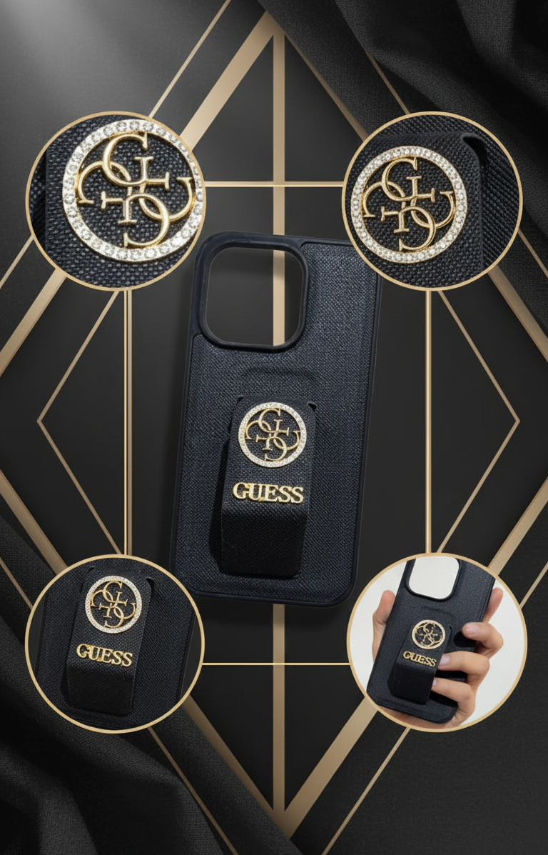 Guess Luxury Textured Black Phone Case with Integrated Finger Loop Grip and Premium Protective Design