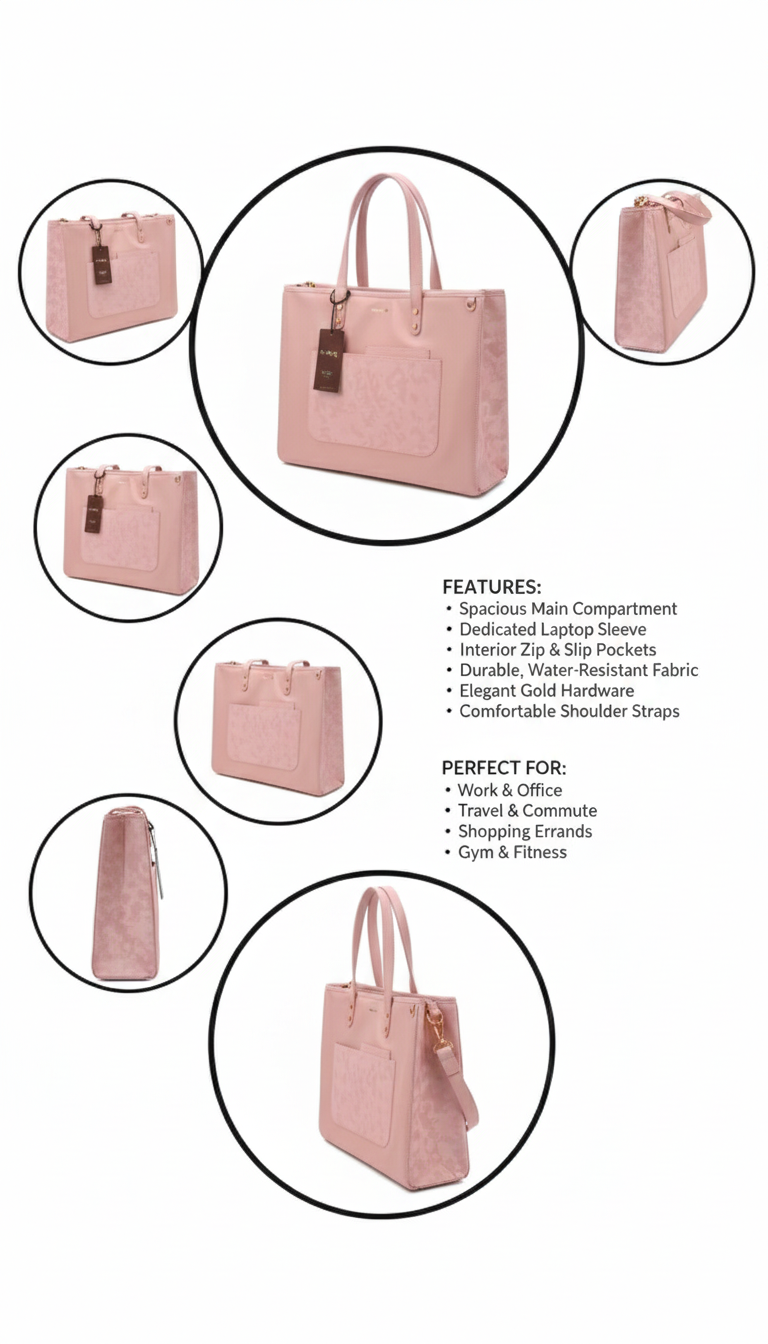 Premium Pink Laptop Tote Bag for Women | Fits 15" Laptop | Water-Resistant, Multi-Pocket Handbag for Office, Travel & Daily Use