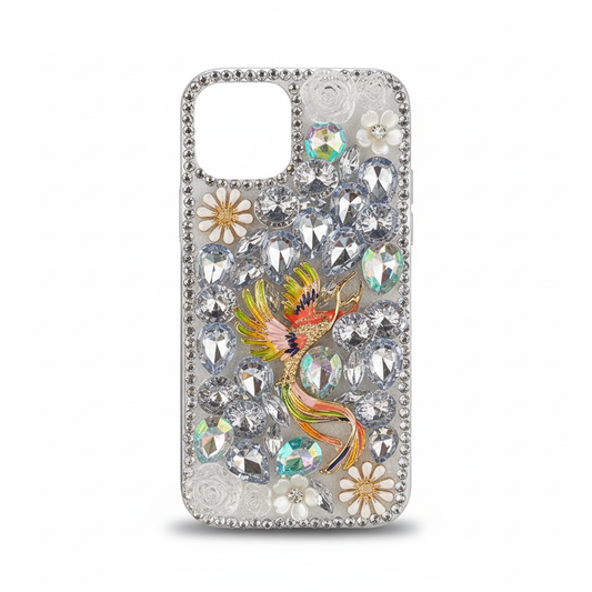 Luxury Handcrafted Crystal Embellished iPhone 13 Pro Case with Colorful Bird and Floral Rhinestone Design Protective Smartphone Cover