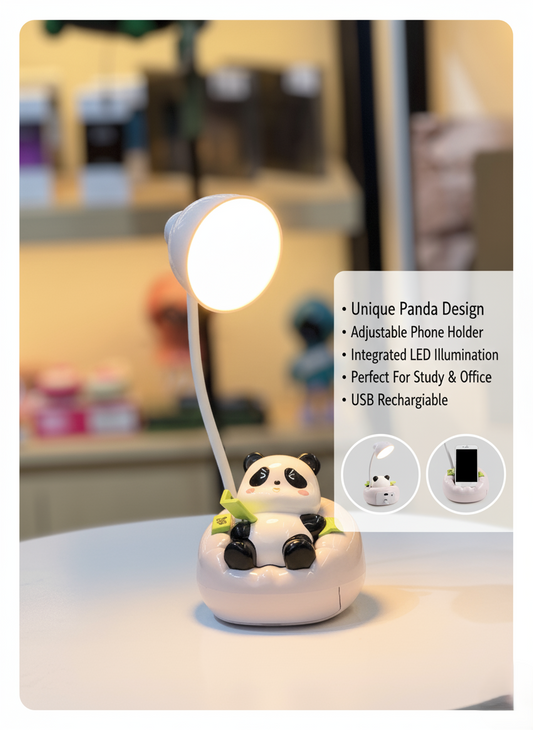 Cute Panda LED Desk Lamp with Phone Holder – Rechargeable Night Light for Study & Bedroom Decor