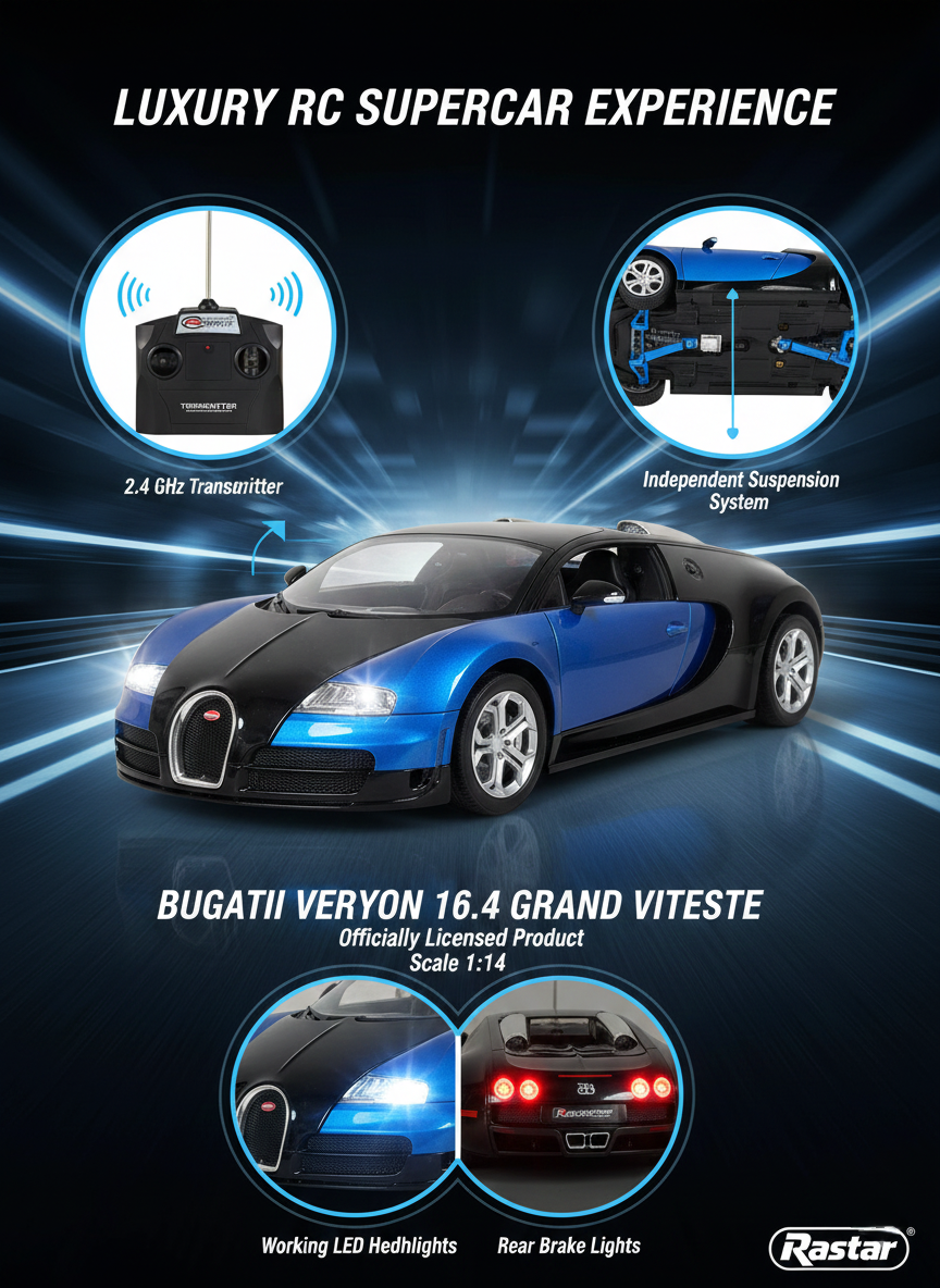 Luxury RC Toy Supercar – 1:14 Scale Bugatti Veyron Grand Vitesse with LED Headlights, 2.4GHz Remote, Realistic Design, Durable Build, Kids High-Speed Racing Car